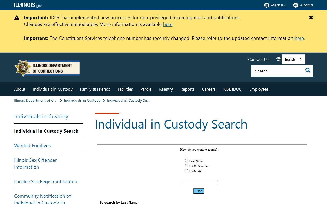 Illinois Department of Corrections inmate population search page for sentenced Jasper County prisoners