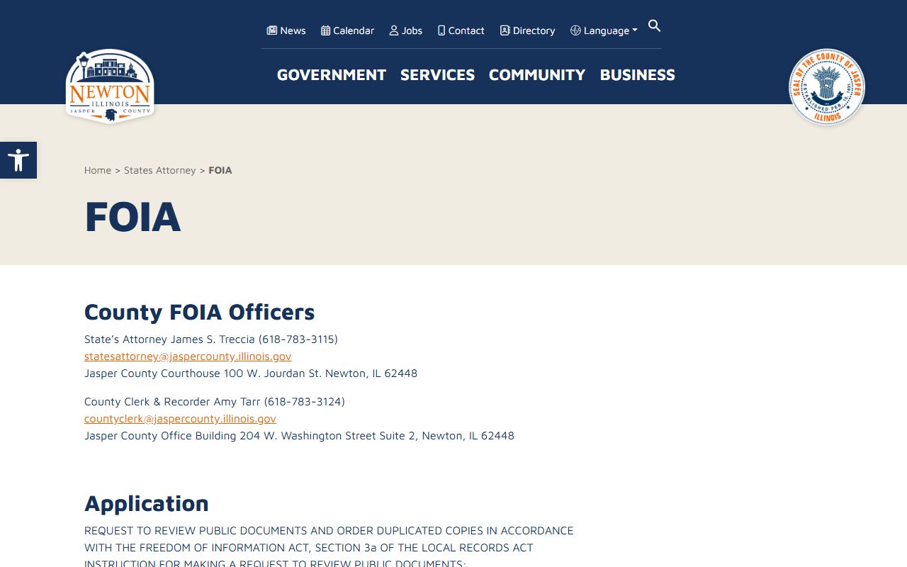 Jasper County FOIA page used to request a jail booking photo and booking record