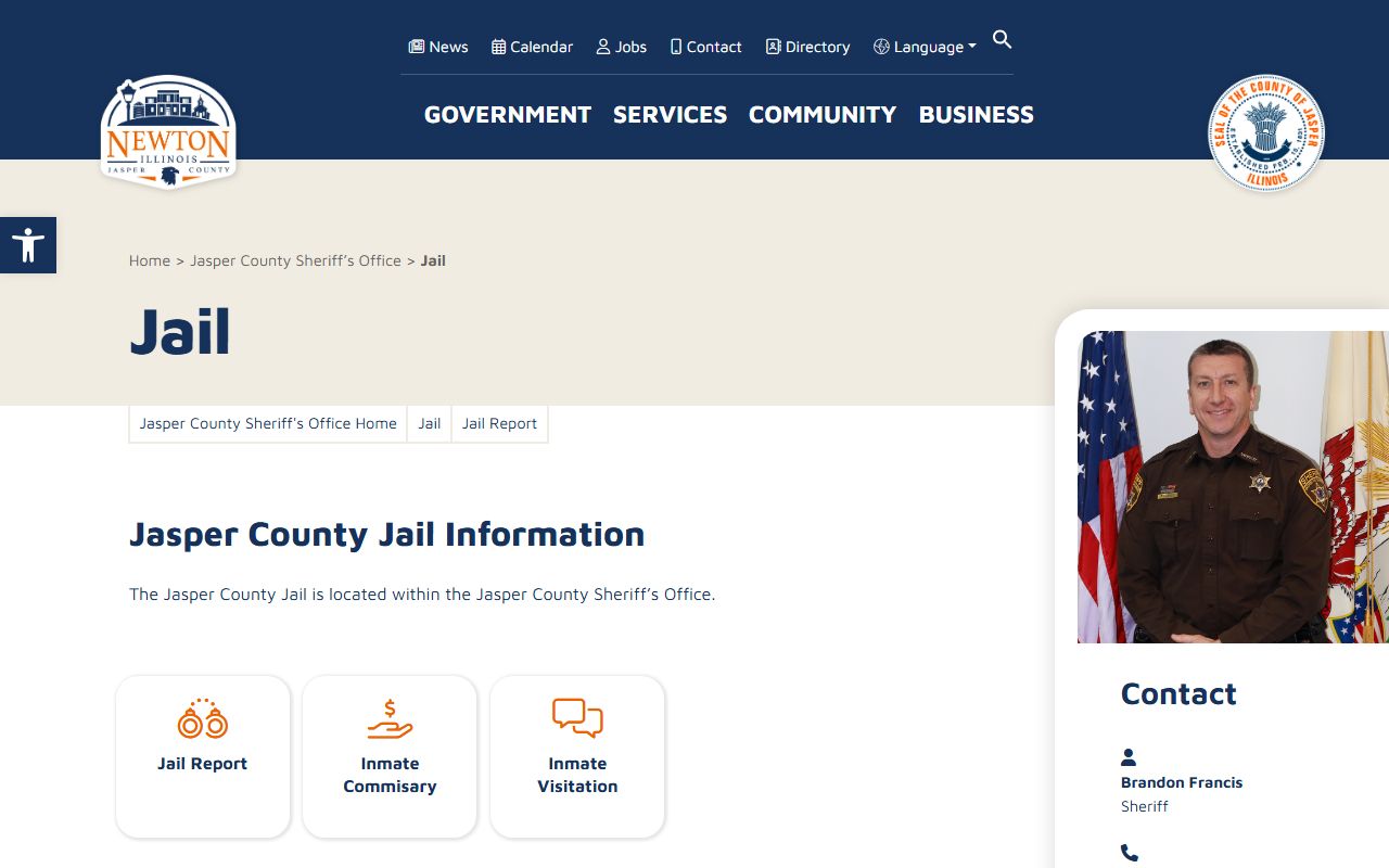 Jasper County Jail information page showing visitation rules and inmate records services