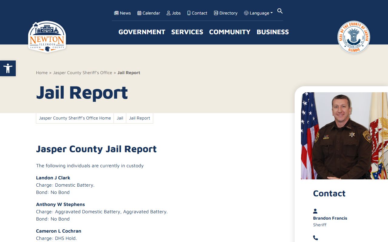 Jasper County Jail Report inmate population list with names, charges, and bond labels
